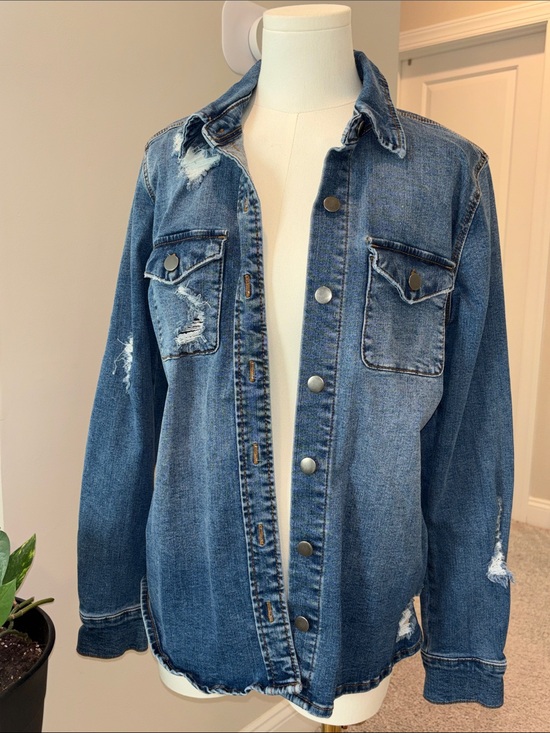 Kut from the Kloth Jackets & Blazers - Distressed Blue Denim Button-Up Jacket